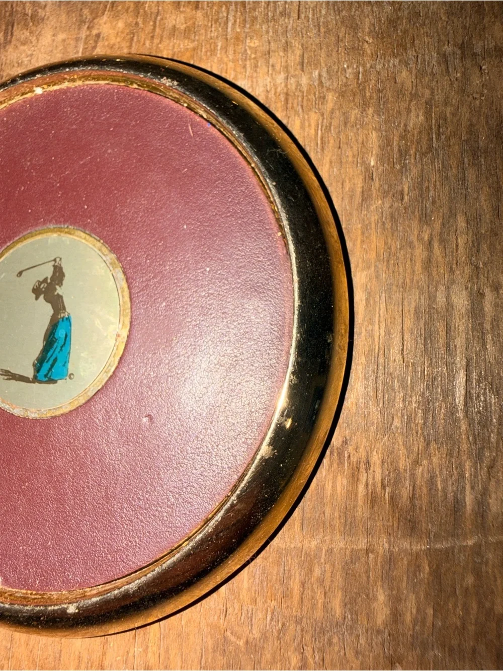 Set of 4 Vintage Golf-Themed Leather & Gold Coasters - Burgundy